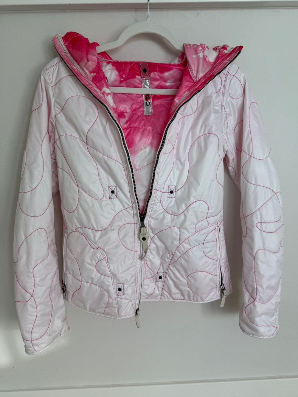 KRU St Moritz White/Light Pink Quilted Hooded Puffer Jacket